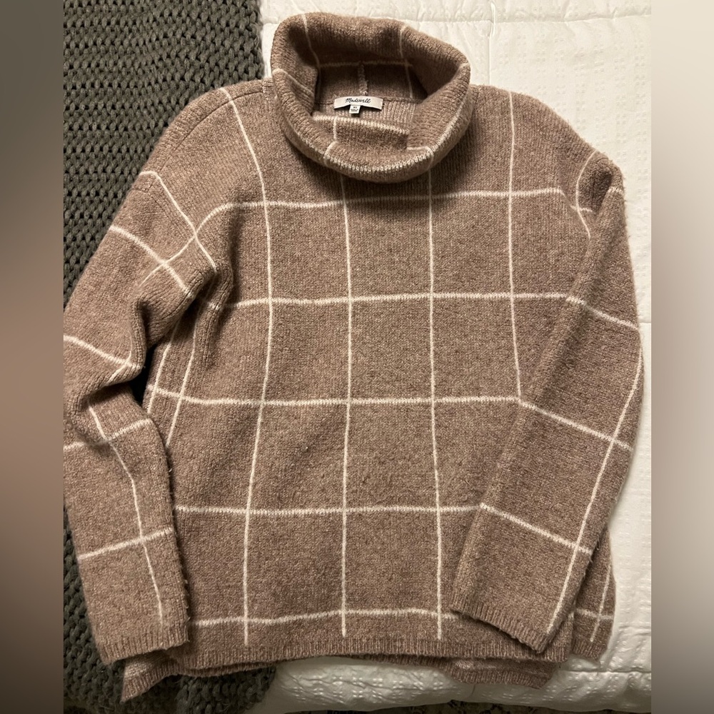 Madewell Taupe & Cream Checked Turtleneck Sweater